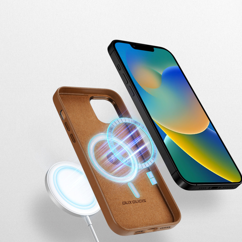 Dux Ducis Grit odinis dėklas, skirtas iPhone 14 Plus elegantiškas dirbtinės odos dangtelis (suderinamas su MagSafe) Ruda...
