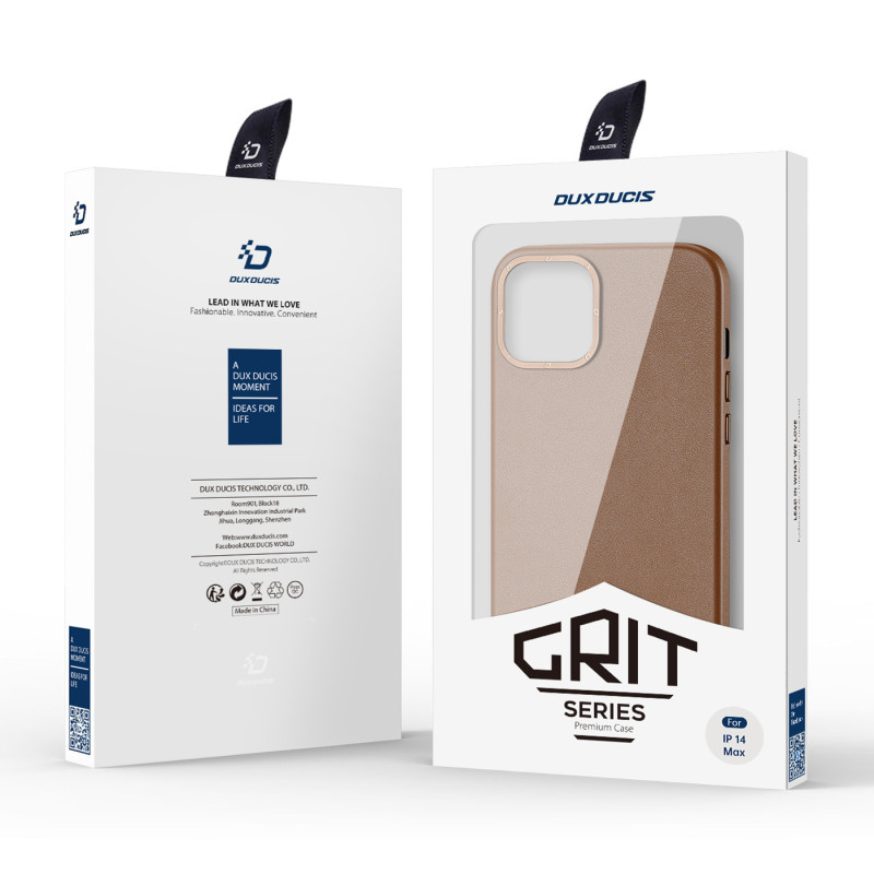 Dux Ducis Grit odinis dėklas, skirtas iPhone 14 Plus elegantiškas dirbtinės odos dangtelis (suderinamas su MagSafe) Ruda...