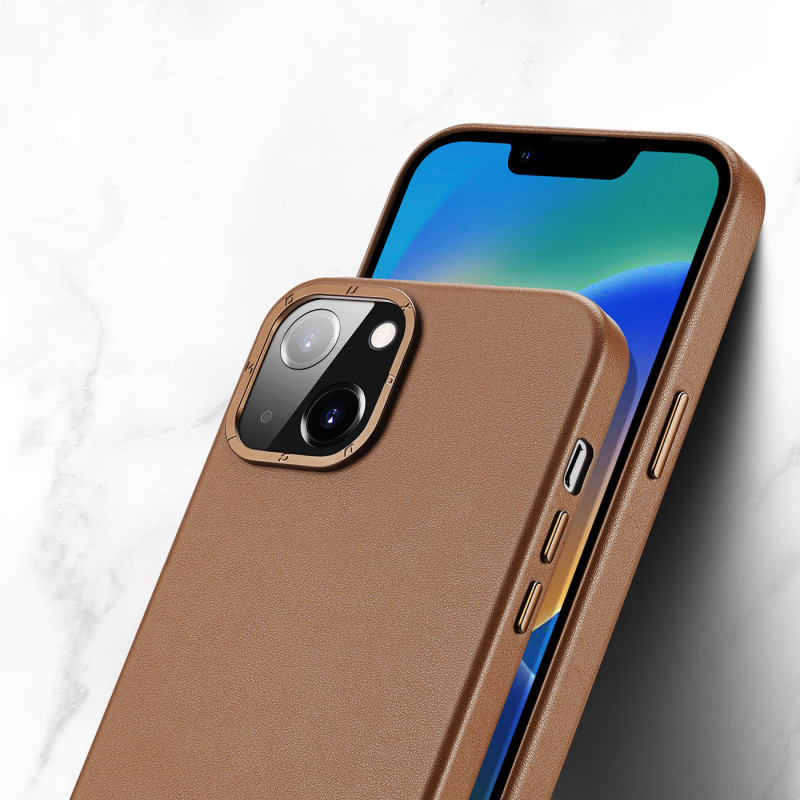 Dux Ducis Grit odinis dėklas, skirtas iPhone 14 Plus elegantiškas dirbtinės odos dangtelis (suderinamas su MagSafe) Ruda...