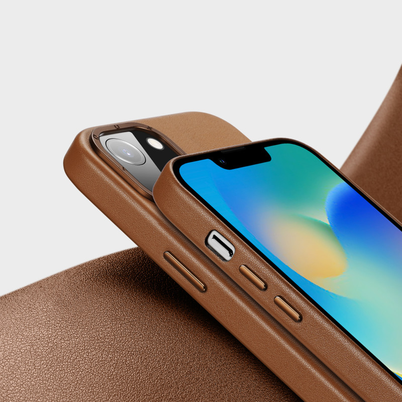 Dux Ducis Grit odinis dėklas, skirtas iPhone 14 Plus elegantiškas dirbtinės odos dangtelis (suderinamas su MagSafe) Ruda...