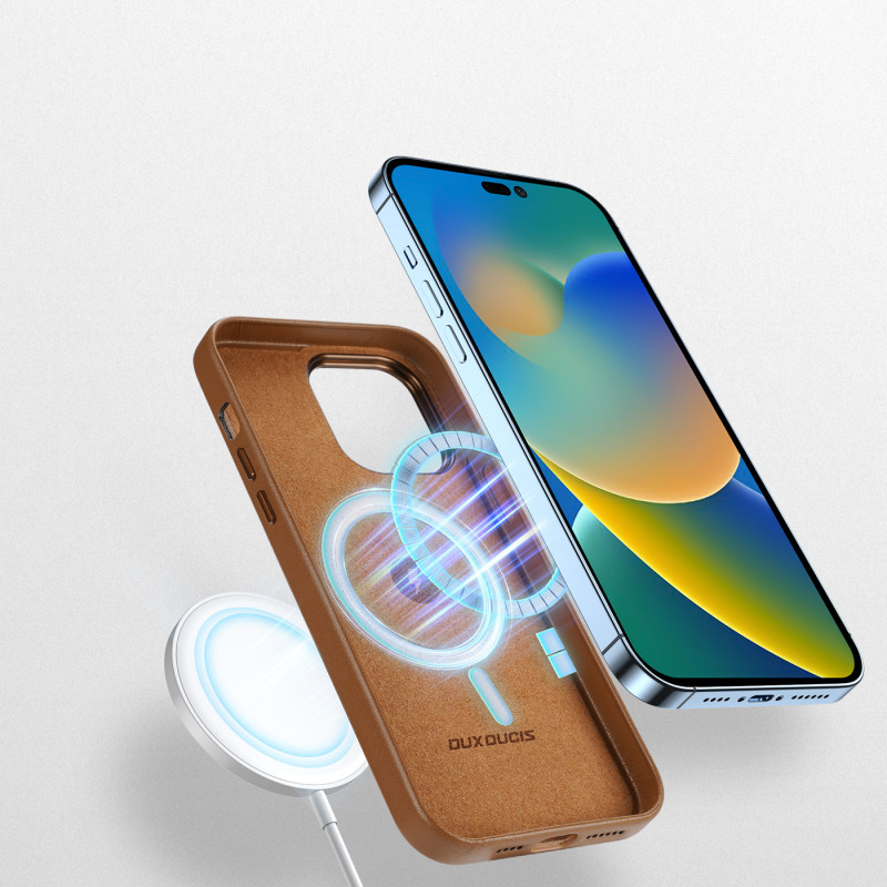 Dux Ducis Grit odinis dėklas, skirtas iPhone 14 Pro Max Elegantiškas dirbtinės odos dangtelis (suderinamas su MagSafe) R...