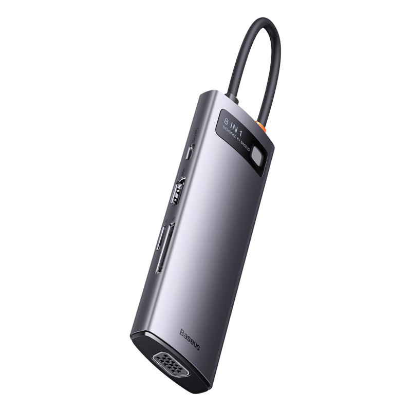 HUB 8in1 prijungimo stotis USB-C 1xHDMI 3xUSB 3.2 1xPower Delivery SD kortelių skaitytuvas TF kortelių skaitytuvas VGA pilka
