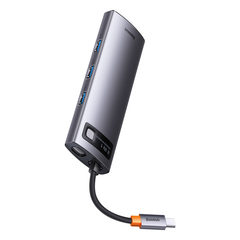 HUB 8in1 prijungimo stotis USB-C 1xHDMI 3xUSB 3.2 1xPower Delivery SD kortelių skaitytuvas TF kortelių skaitytuvas VGA pilka