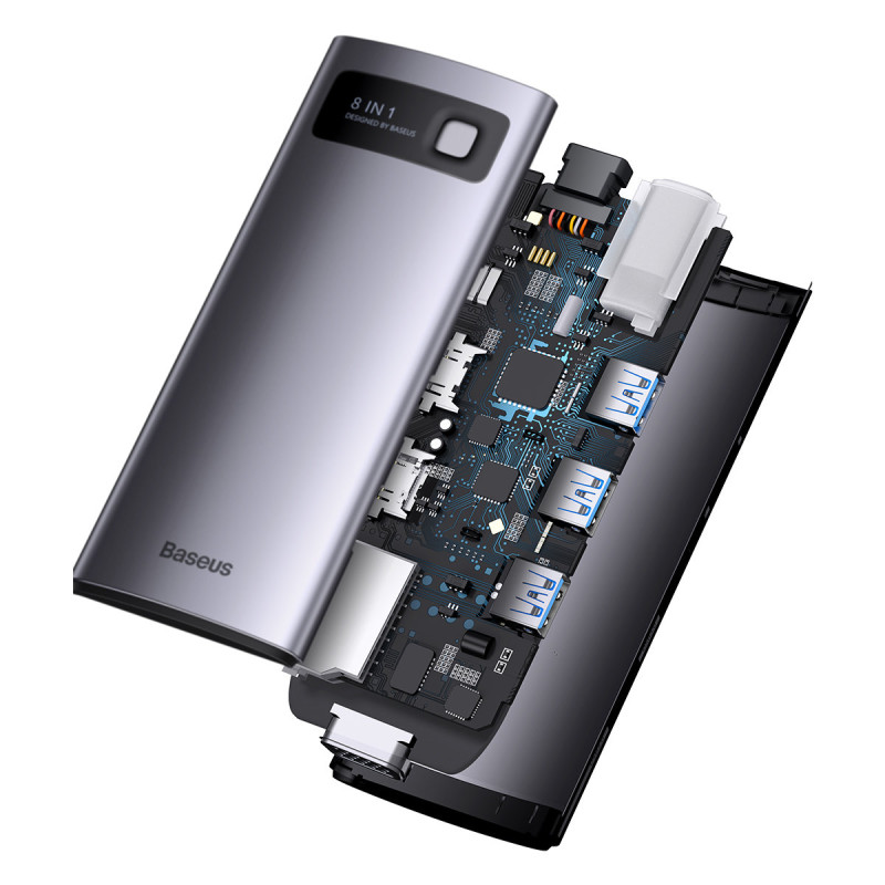 HUB 8in1 prijungimo stotis USB-C 1xHDMI 3xUSB 3.2 1xPower Delivery SD kortelių skaitytuvas TF kortelių skaitytuvas VGA pilka