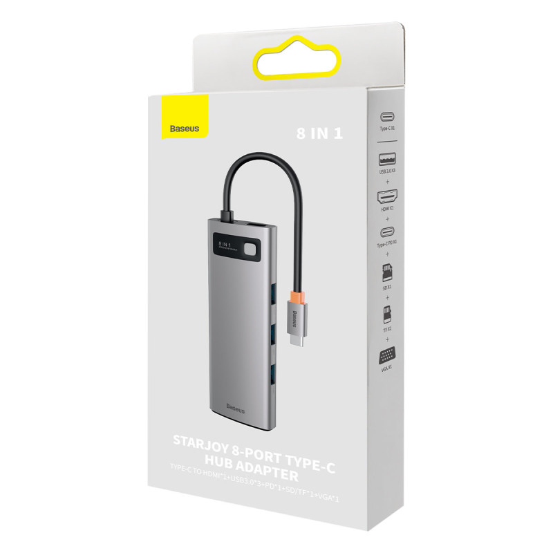 HUB 8in1 prijungimo stotis USB-C 1xHDMI 3xUSB 3.2 1xPower Delivery SD kortelių skaitytuvas TF kortelių skaitytuvas VGA pilka
