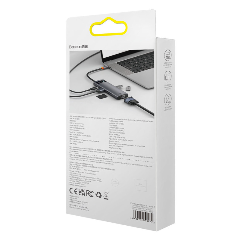 HUB 8in1 prijungimo stotis USB-C 1xHDMI 3xUSB 3.2 1xPower Delivery SD kortelių skaitytuvas TF kortelių skaitytuvas VGA pilka