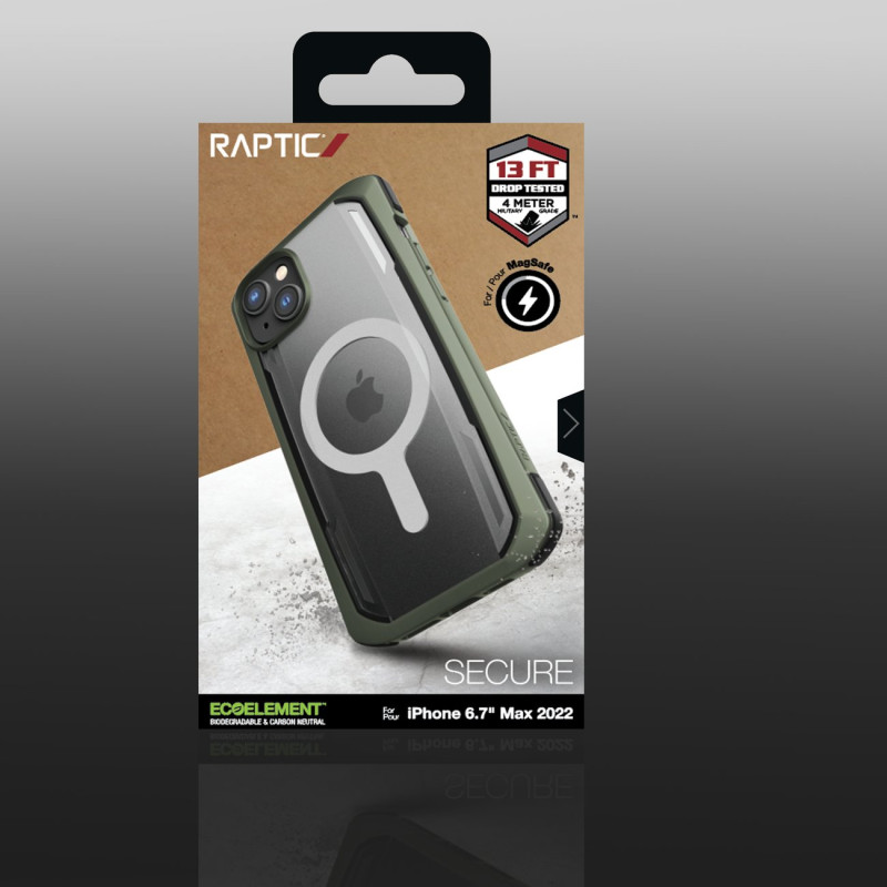 Raptic X-Doria Secure Case iPhone 14 Plus su MagSafe šarvuotu dangteliu žaliu