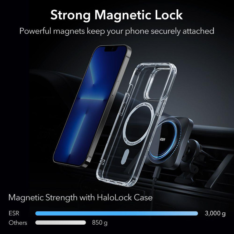 ESR Halolock Cryoboost magnetinis laikiklis su MagSafe įkrovikliu automobilio orlaidei - juodas