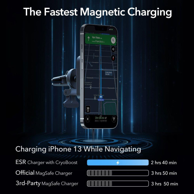 ESR Halolock Cryoboost magnetinis laikiklis su MagSafe įkrovikliu automobilio orlaidei - juodas