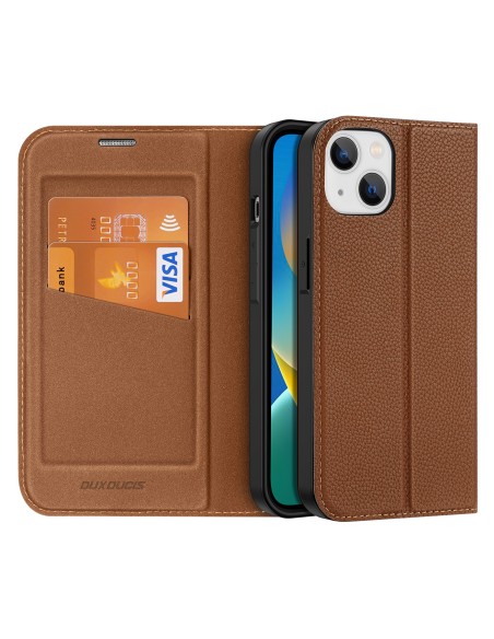Dux Ducis Skin X2 dėklas iPhone 14, dangtelis su magnetiniu atvartu, rudas