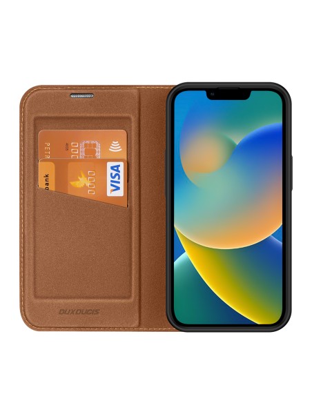 Dux Ducis Skin X2 dėklas iPhone 14, dangtelis su magnetiniu atvartu, rudas