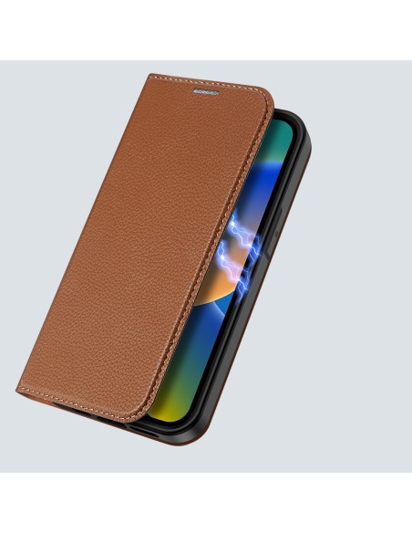 Dux Ducis Skin X2 dėklas iPhone 14, dangtelis su magnetiniu atvartu, rudas