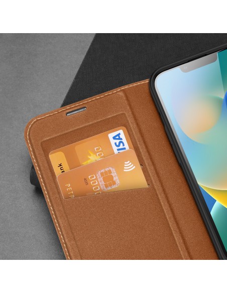 Dux Ducis Skin X2 dėklas iPhone 14, dangtelis su magnetiniu atvartu, rudas