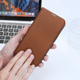 Dux Ducis Skin X2 dėklas iPhone 14, dangtelis su magnetiniu atvartu, rudas