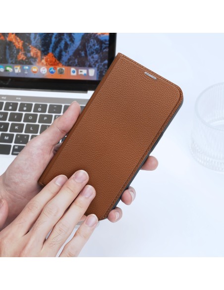 Dux Ducis Skin X2 dėklas iPhone 14, dangtelis su magnetiniu atvartu, rudas
