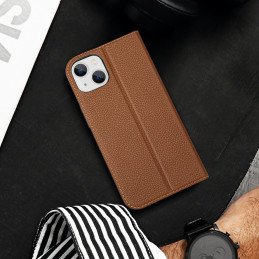 Dux Ducis Skin X2 dėklas iPhone 14, dangtelis su magnetiniu atvartu, rudas