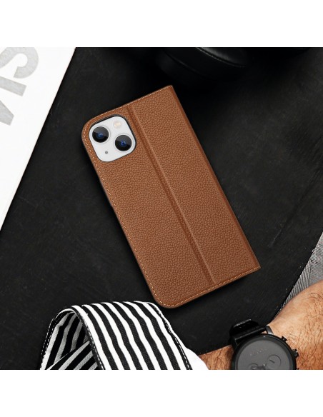 Dux Ducis Skin X2 dėklas iPhone 14, dangtelis su magnetiniu atvartu, rudas