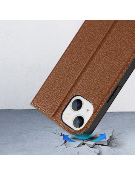 Dux Ducis Skin X2 dėklas iPhone 14, dangtelis su magnetiniu atvartu, rudas