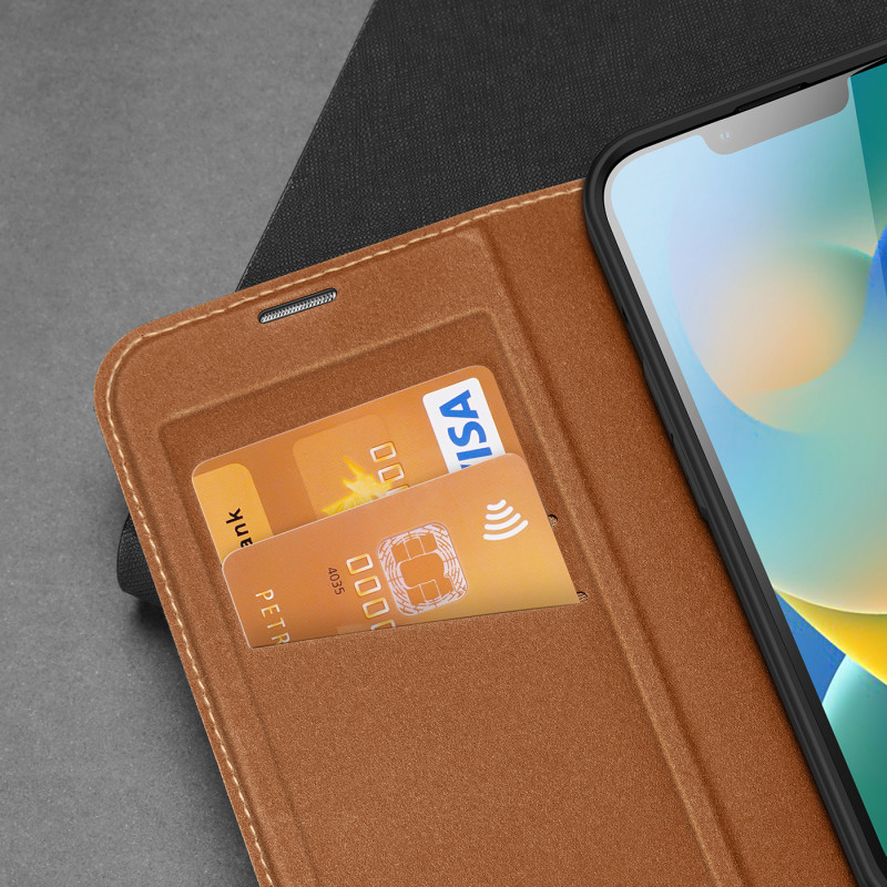 Dux Ducis Skin X2 dėklas iPhone 14 Plus dangtelis su magnetiniu atvartu rudos spalvos
