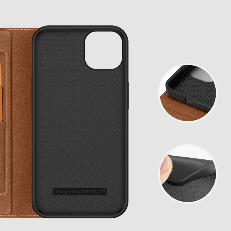 Dux Ducis Skin X2 dėklas iPhone 14 Plus dangtelis su magnetiniu atvartu rudos spalvos