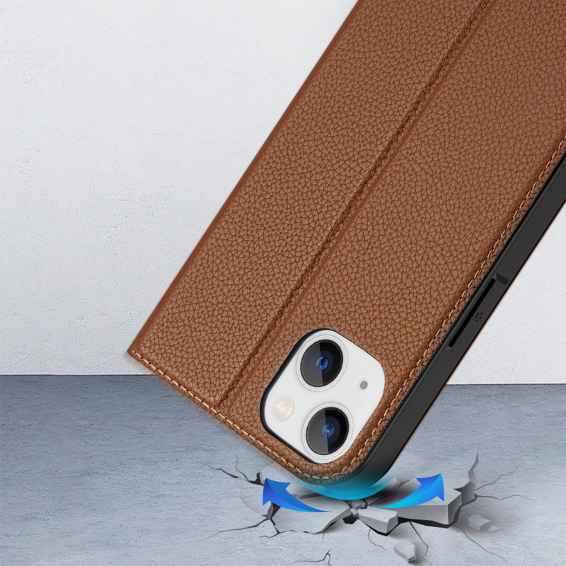 Dux Ducis Skin X2 dėklas iPhone 14 Plus dangtelis su magnetiniu atvartu rudos spalvos