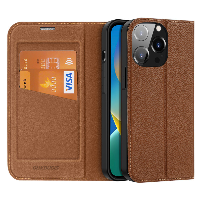 Dux Ducis Skin X2 dėklas iPhone 14 Pro dangtelis su magnetiniu atvartu rudos spalvos