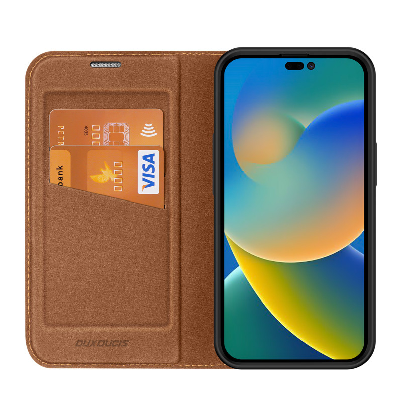 Dux Ducis Skin X2 dėklas iPhone 14 Pro dangtelis su magnetiniu atvartu rudos spalvos