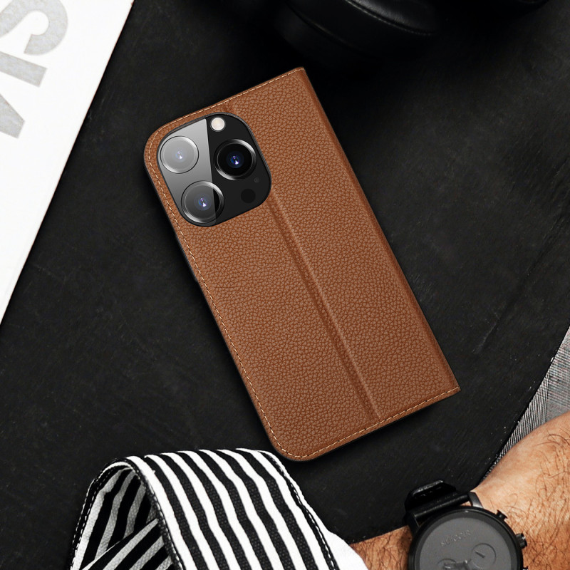 Dux Ducis Skin X2 dėklas iPhone 14 Pro dangtelis su magnetiniu atvartu rudos spalvos