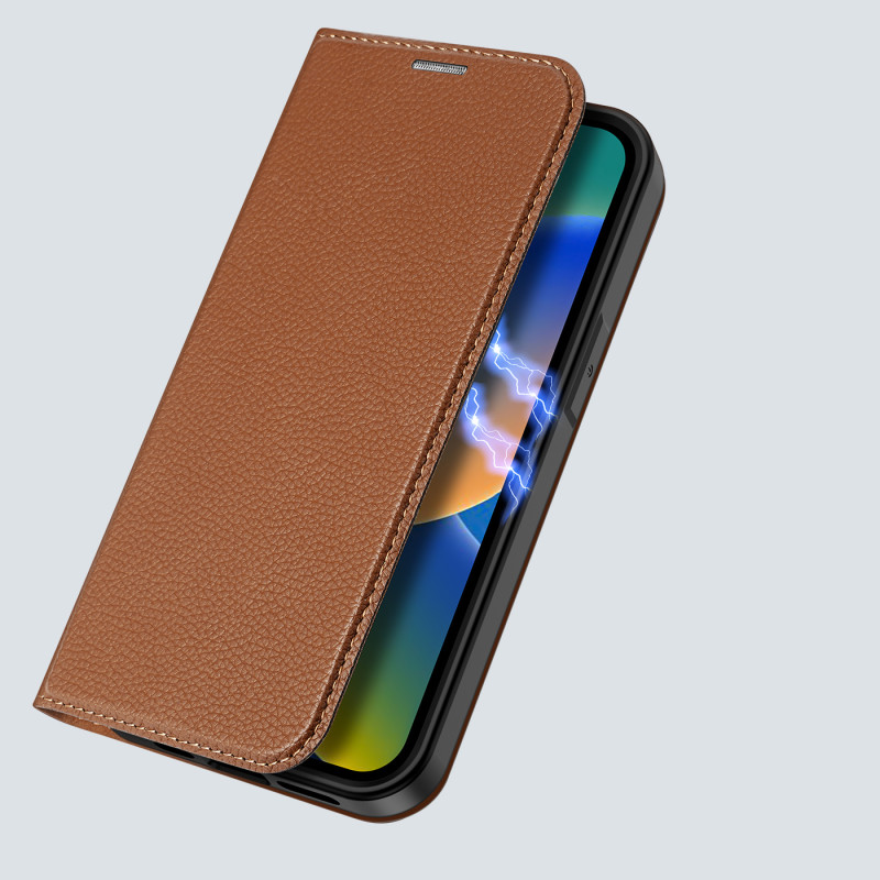 Dux Ducis Skin X2 dėklas iPhone 14 Pro dangtelis su magnetiniu atvartu rudos spalvos