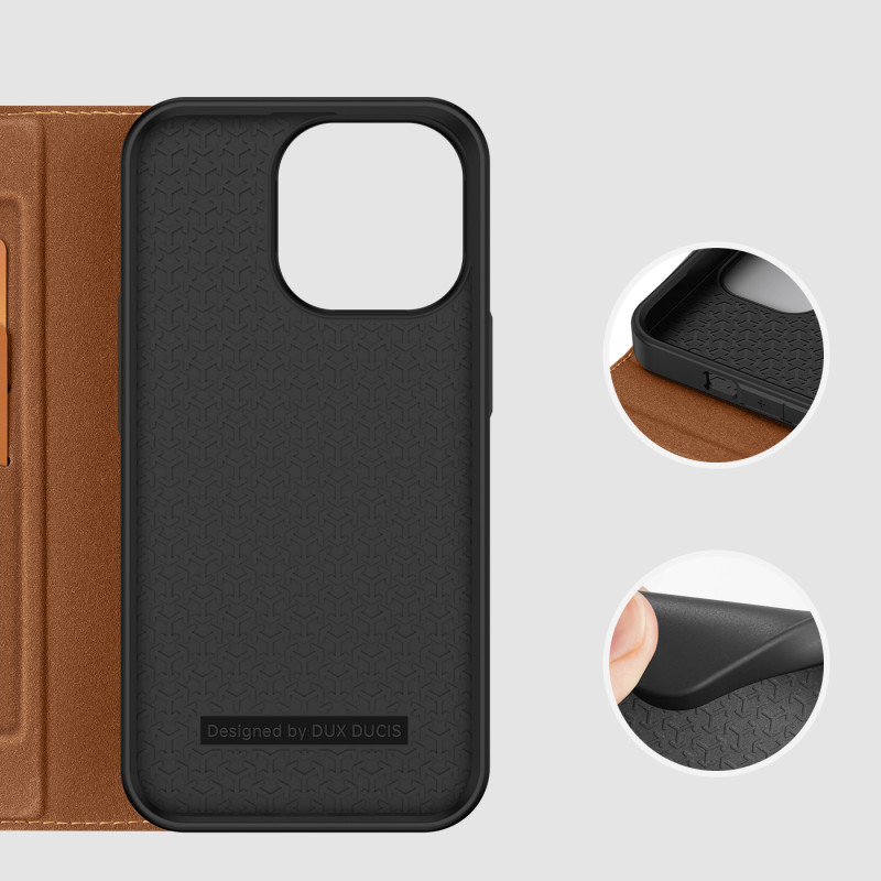 Dux Ducis Skin X2 dėklas iPhone 14 Pro dangtelis su magnetiniu atvartu rudos spalvos