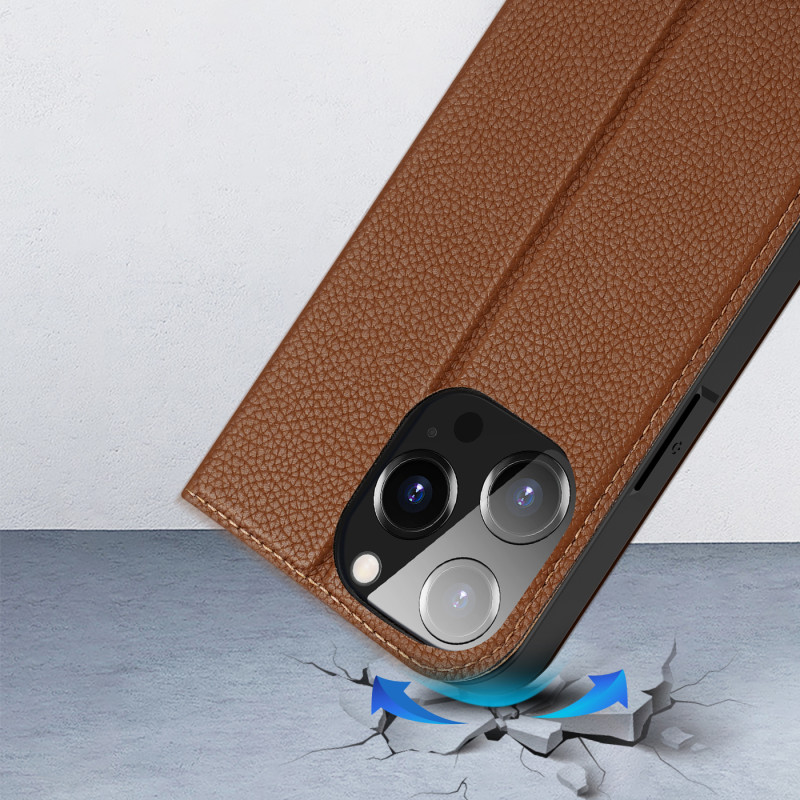 Dux Ducis Skin X2 dėklas iPhone 14 Pro dangtelis su magnetiniu atvartu rudos spalvos