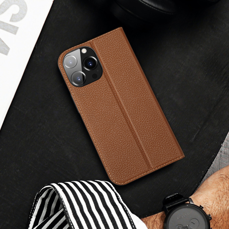 Dux Ducis Skin X2 dėklas, skirtas iPhone 14 Pro Max, dangtelis su magnetiniu atvartu, rudas