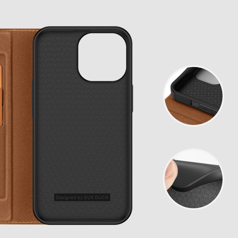 Dux Ducis Skin X2 dėklas, skirtas iPhone 14 Pro Max, dangtelis su magnetiniu atvartu, rudas