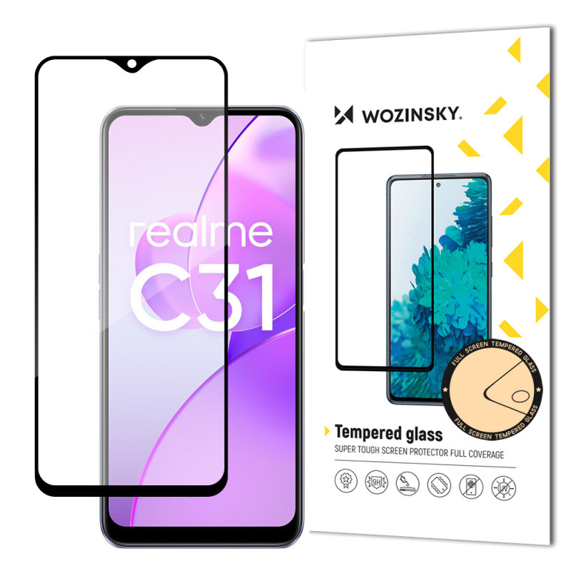 Wozinsky Super patvarūs klijai viso ekrano grūdintas stiklas su rėmeliu, patogiu dėklu Realme C31 Black