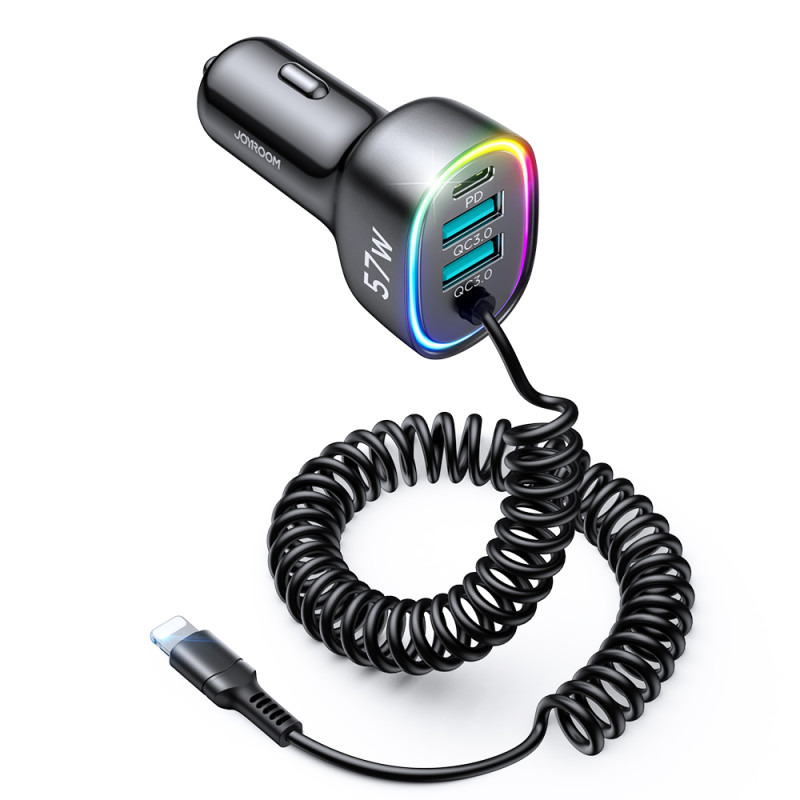 Joyroom greitas automobilinis įkroviklis 4 in 1 PD, QC3.0, AFC, FCP su Lightning laidu 1,6 m 57 W juodas (JR-CL20)