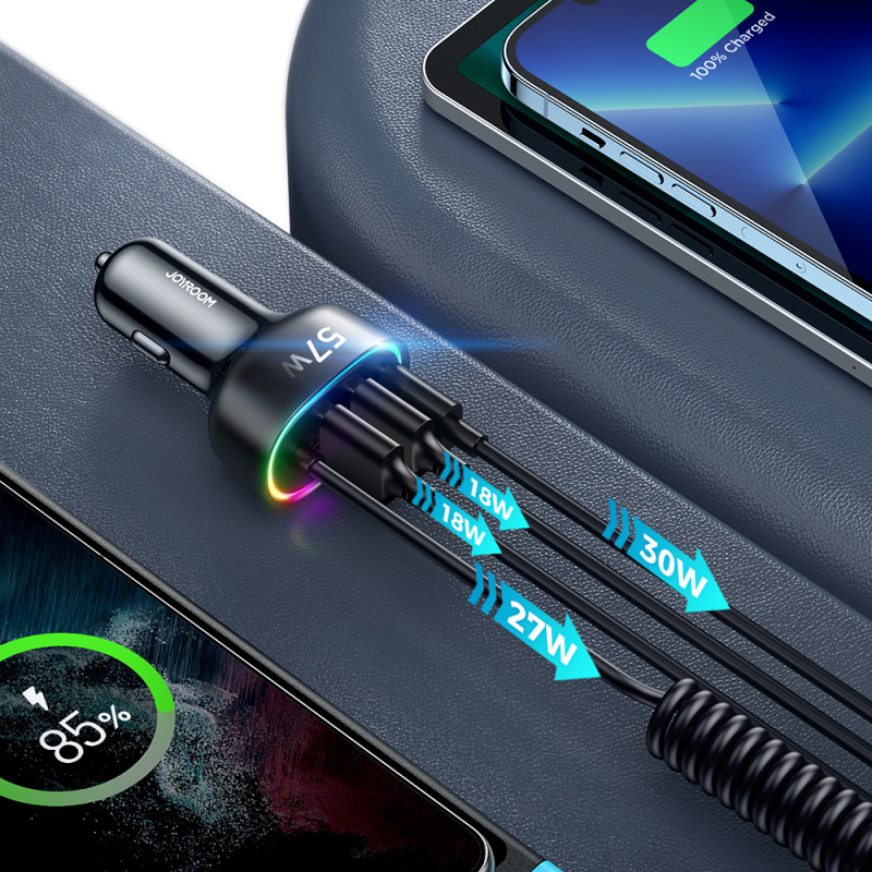 Joyroom greitas automobilinis įkroviklis 4 in 1 PD, QC3.0, AFC, FCP su Lightning laidu 1,6 m 57 W juodas (JR-CL20)