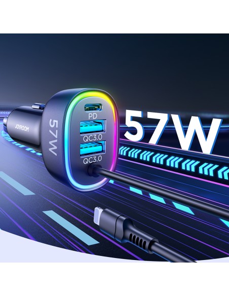 Joyroom greitas automobilinis įkroviklis 4 in 1 PD, QC3.0, AFC, FCP su Lightning laidu 1,6 m 57 W juodas (JR-CL20) Joyroom greitas automobilinis įkroviklis 4 in 1 PD, QC3.0, AFC, FCP su Lightning laidu 1,6 m 57 W juodas (JR-CL20)