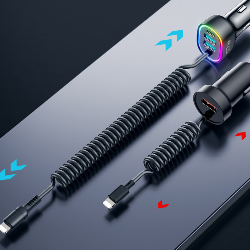 Joyroom greitas automobilinis įkroviklis 4 in 1 PD, QC3.0, AFC, FCP su Lightning laidu 1,6 m 57 W juodas (JR-CL20)