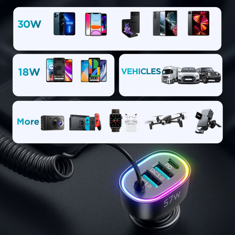 Joyroom greitas automobilinis įkroviklis 4 in 1 PD, QC3.0, AFC, FCP su Lightning laidu 1,6 m 57 W juodas (JR-CL20)
