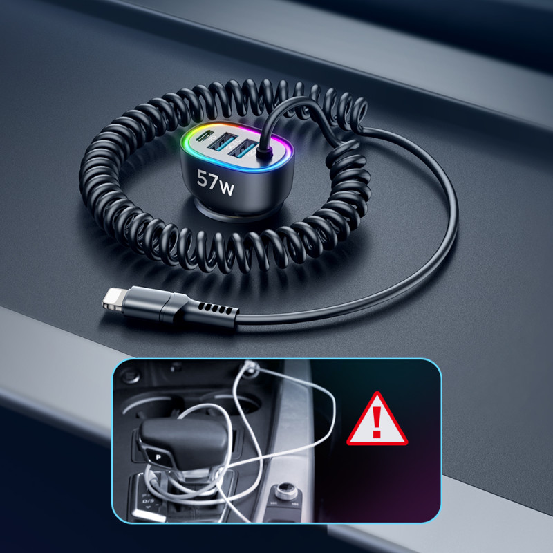 Joyroom greitas automobilinis įkroviklis 4 in 1 PD, QC3.0, AFC, FCP su Lightning laidu 1,6 m 57 W juodas (JR-CL20)