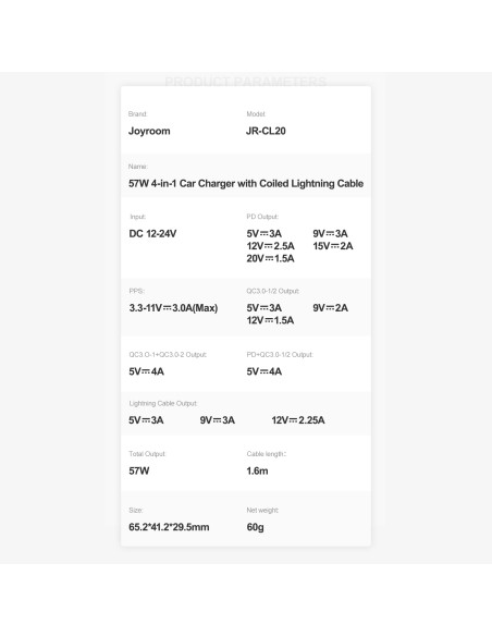 Joyroom greitas automobilinis įkroviklis 4 in 1 PD, QC3.0, AFC, FCP su Lightning laidu 1,6 m 57 W juodas (JR-CL20) Joyroom greitas automobilinis įkroviklis 4 in 1 PD, QC3.0, AFC, FCP su Lightning laidu 1,6 m 57 W juodas (JR-CL20)