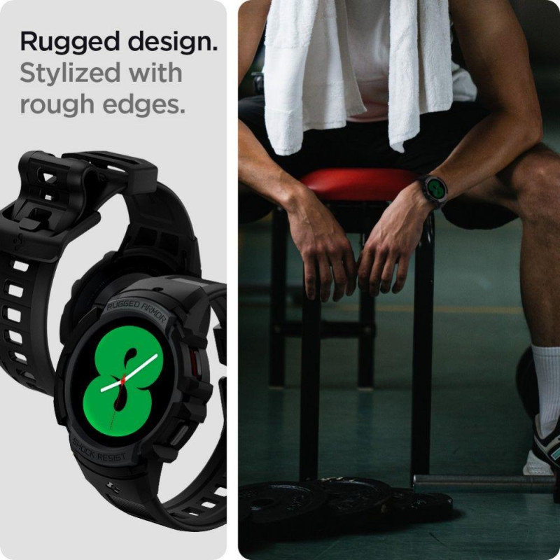 Spigen Rugged Armor Pro dėklas su dirželiu, skirtas Samsung Galaxy Watch 4/ 5 (44 mm) – pilkas