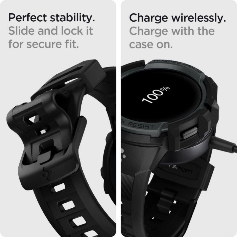 Spigen Rugged Armor Pro dėklas su dirželiu, skirtas Samsung Galaxy Watch 4/ 5 (44 mm) – pilkas
