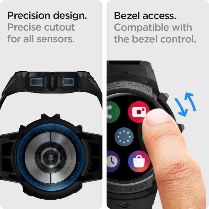 Spigen Rugged Armor Pro dėklas su dirželiu, skirtas Samsung Galaxy Watch 4/ 5 (44 mm) – pilkas