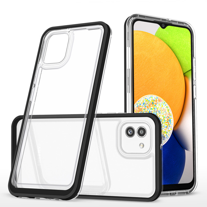 Skaidrus 3in1 dėklas Samsung Galaxy A03 silikoninis dangtelis su rėmeliu, juodas Skaidrus 3in1 dėklas Samsung Galaxy A03 silikoninis dangtelis su rėmeliu, juodas