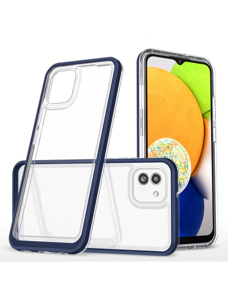 Skaidrus 3in1 dėklas skirtas Samsung Galaxy A03 silikoninis dangtelis su mėlynu rėmeliu Skaidrus 3in1 dėklas skirtas Samsung Galaxy A03 silikoninis dangtelis su mėlynu rėmeliu