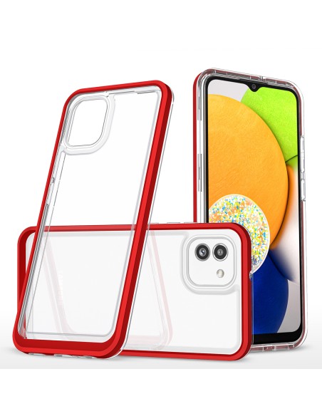 Skaidrus 3in1 dėklas skirtas Samsung Galaxy A03 silikoninis dangtelis su raudonu rėmeliu