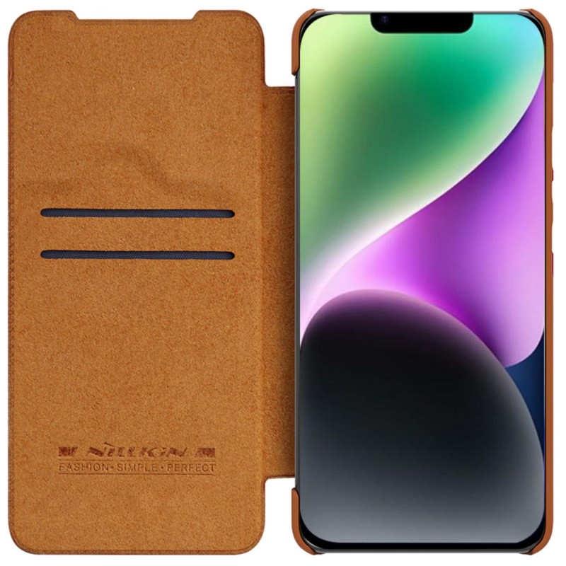 Nillkin Qin odinis profesionalus dėklas iPhone 14 fotoaparato dėklas, dėklas, atverčiamas dėklas, rudas