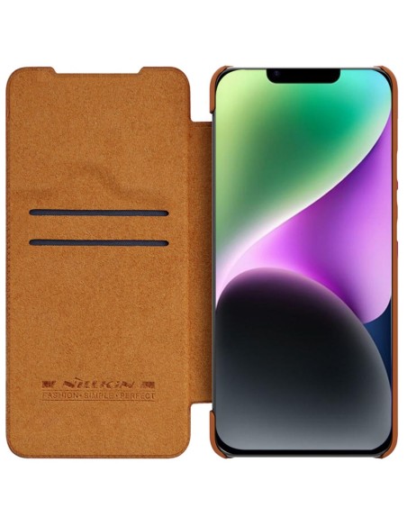 Nillkin Qin odinis profesionalus dėklas iPhone 14 fotoaparato dėklas, dėklas, atverčiamas dėklas, rudas Nillkin Qin odinis profesionalus dėklas iPhone 14 fotoaparato dėklas, dėklas, atverčiamas dėklas, rudas
