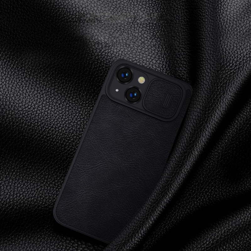 Nillkin Qin odinis profesionalus dėklas iPhone 14 fotoaparato dėklas, dėklas, atverčiamas dėklas, rudas